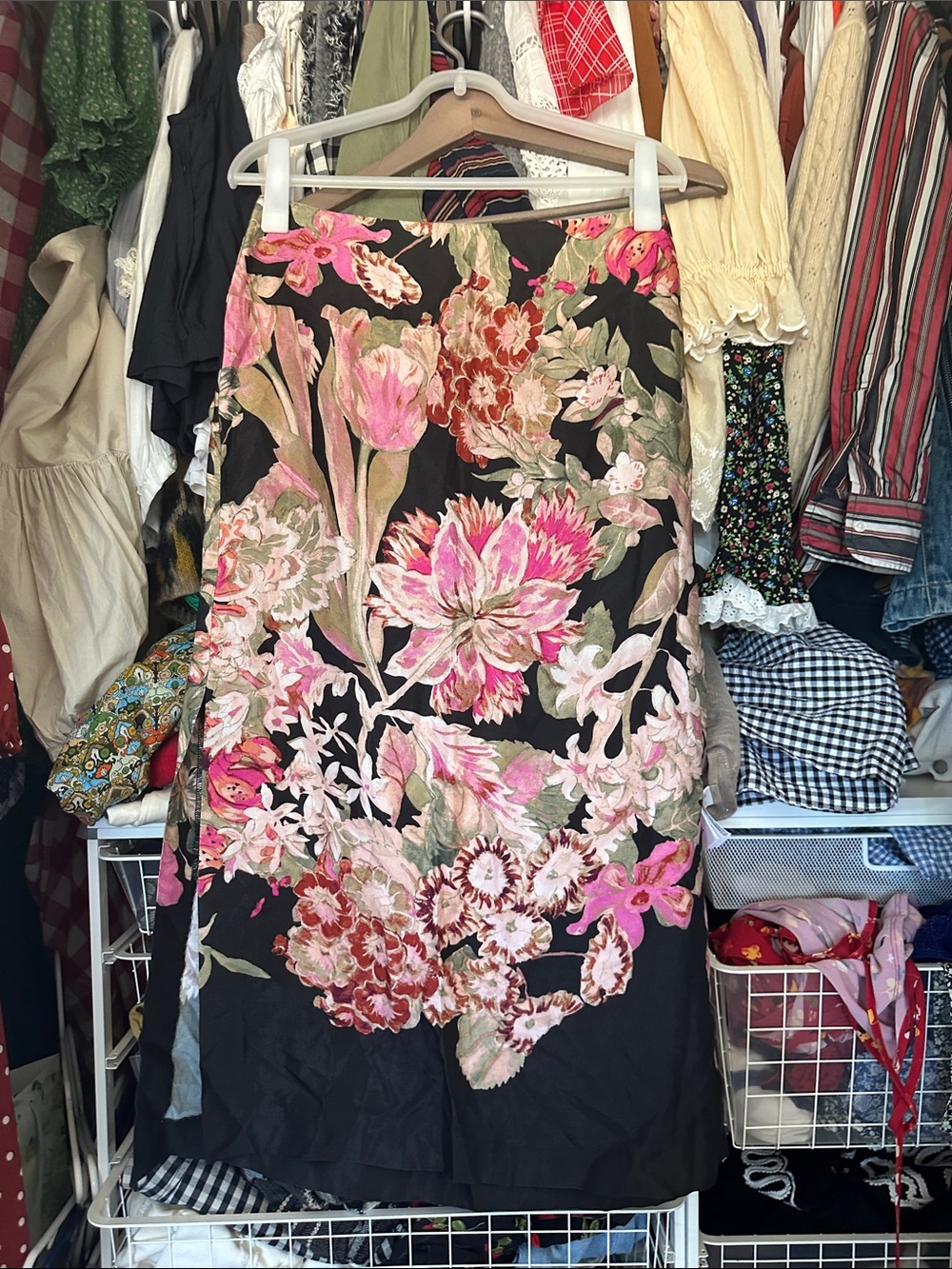 Anthropologie Black Maxi Skirt with Pink & Green Floral Print